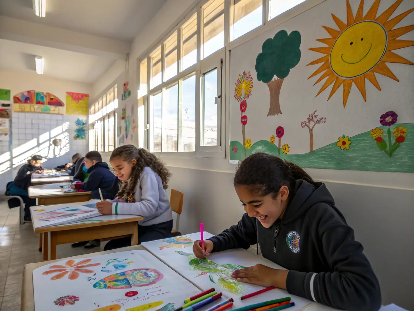 A photograph capturing a group of children joyfully participating in a painting workshop, with colorful artworks displayed in the background, reflecting the fun and educational atmosphere of our youth programs.