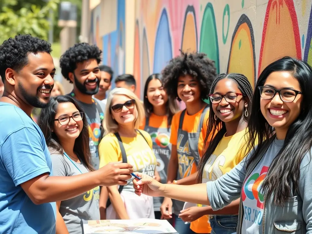 A photograph featuring a community art project in progress, with volunteers of all ages collaborating on a large mural, symbolizing the unity and artistic spirit fostered by our organization.